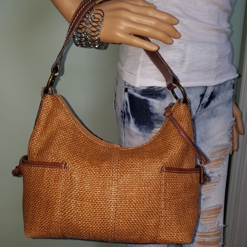 FOSSIL GENUINE CLASSIC TAN WOVEN LEATHER HANDBAG